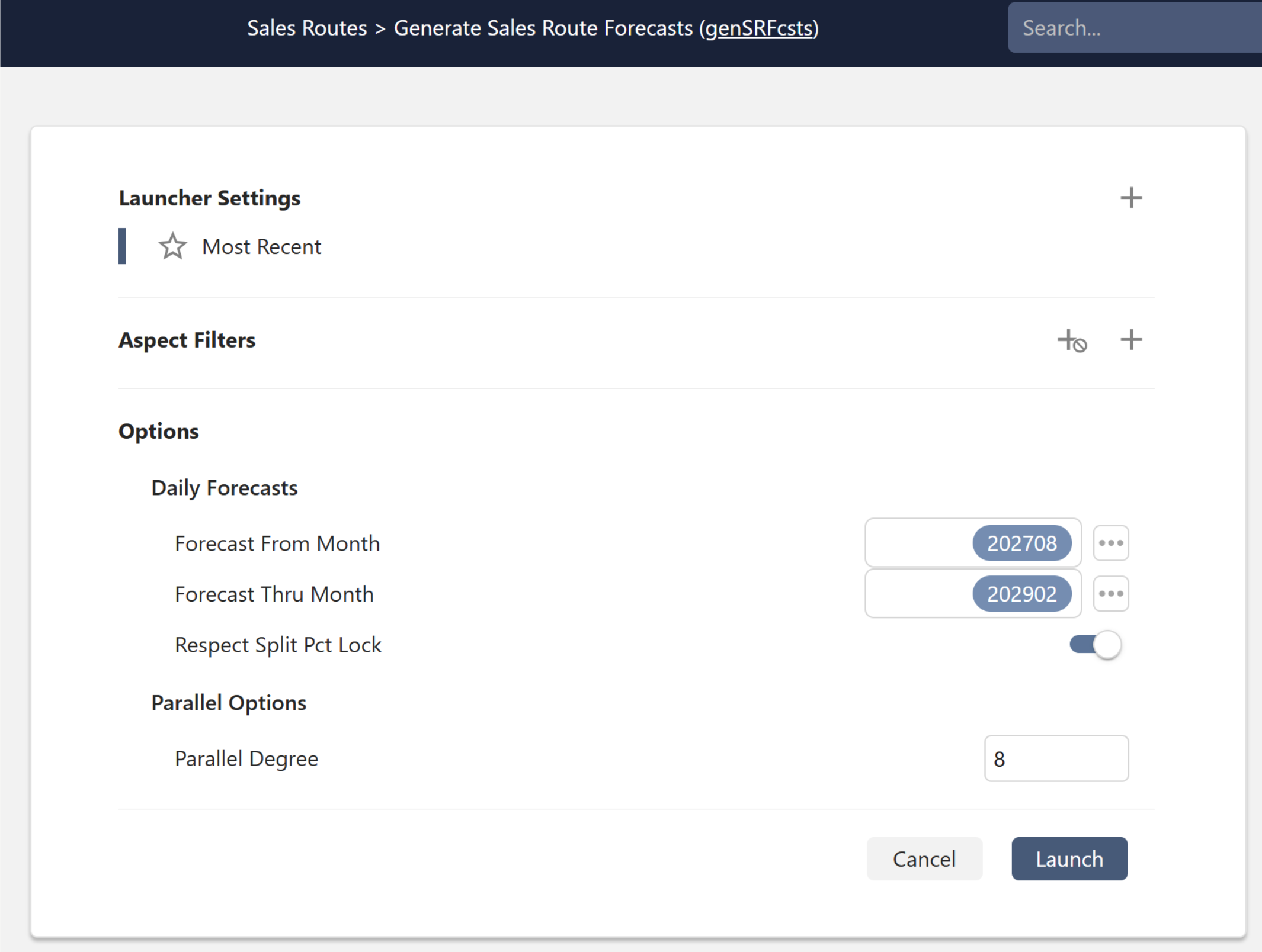 Launcher Form for Generate Sales Route Forecasts with configuration options